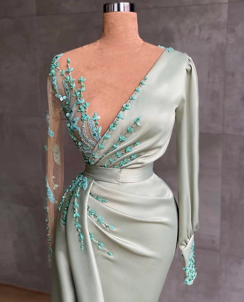 Elegant Sage Mermaid Evening Dress With Long Sleeves Appliques
