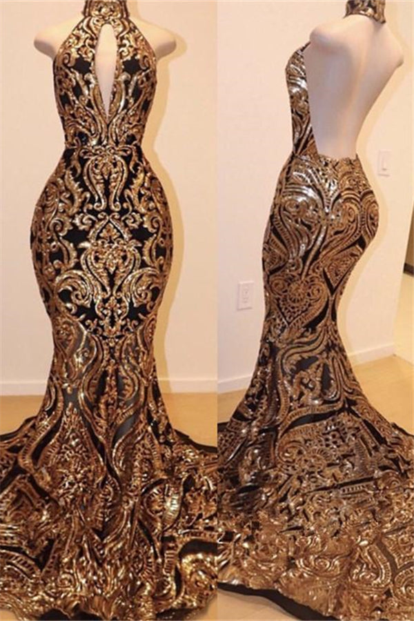 High Neck Halter Mermaid Prom Dress with Gold Appliques