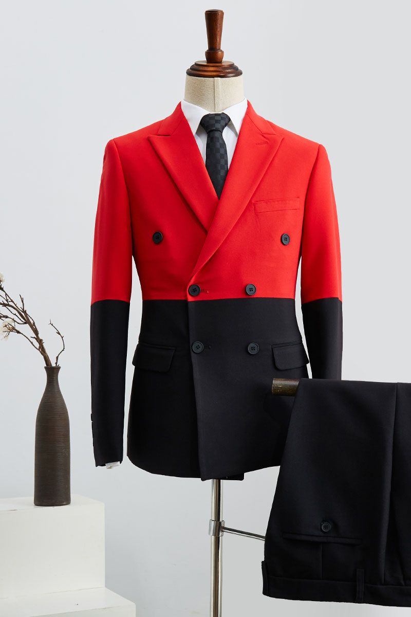 Glamorous Double Breasted Suit for Men with Black & Red Stitching & Peaked Lapel