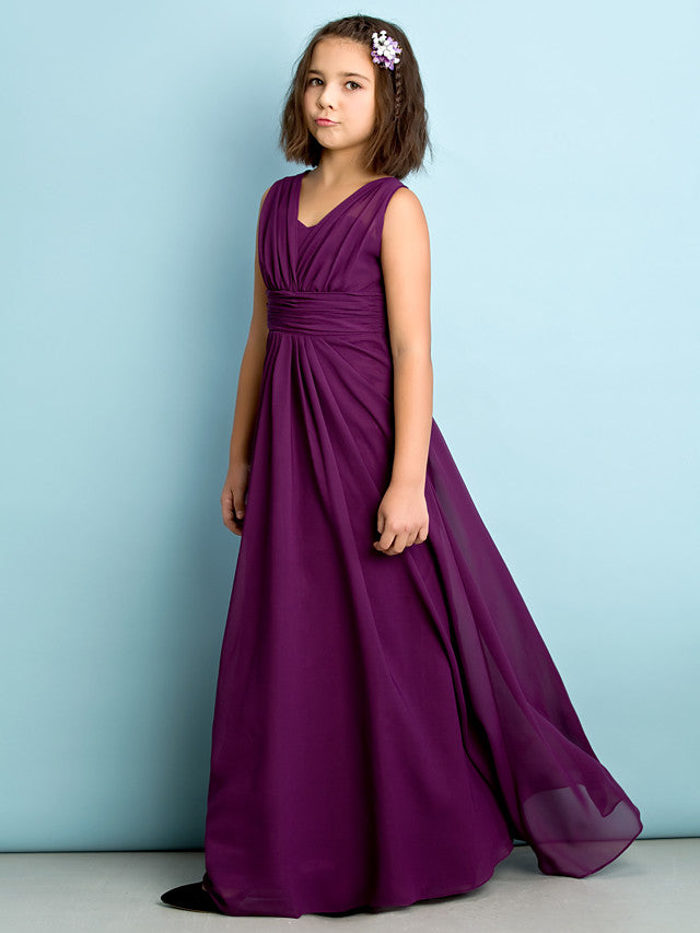 A-Line V Neck Chiffon Flower Girl Dress - Floor Length With Criss Cross Natural Mini Me
