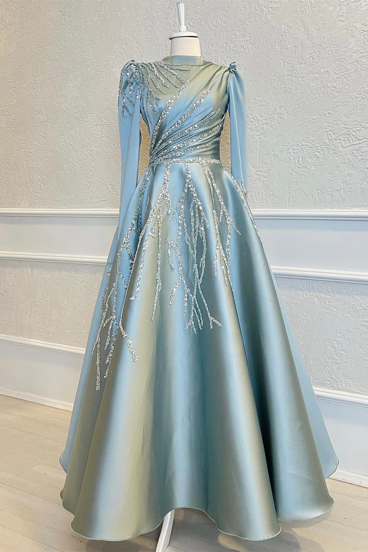 A-Line Prom Dress with Pleated Appliques and Beads - High Collar Long Sleeves