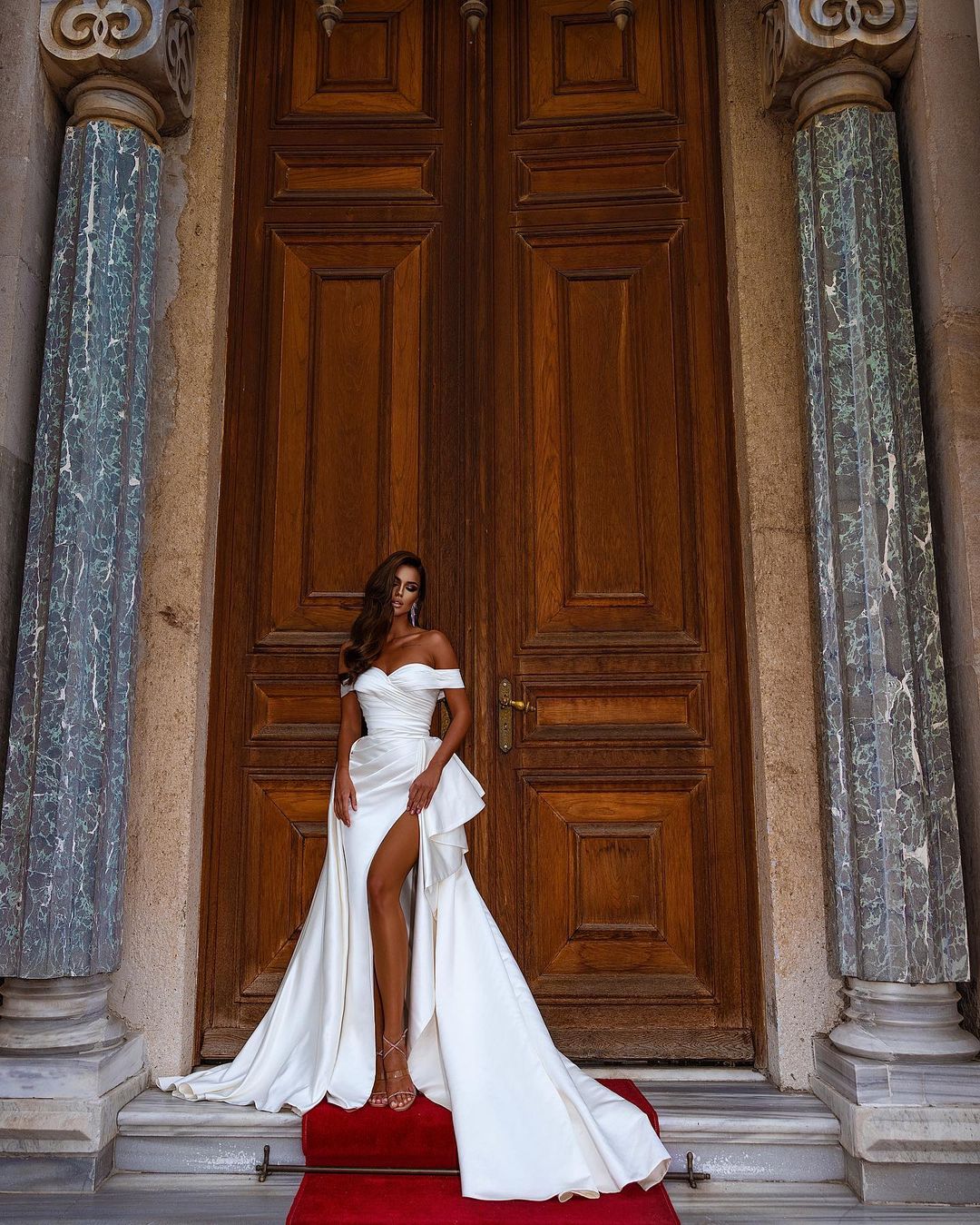 Elegant Off-the-shoulder Satin Long Mermaid Wedding Dress with Slit