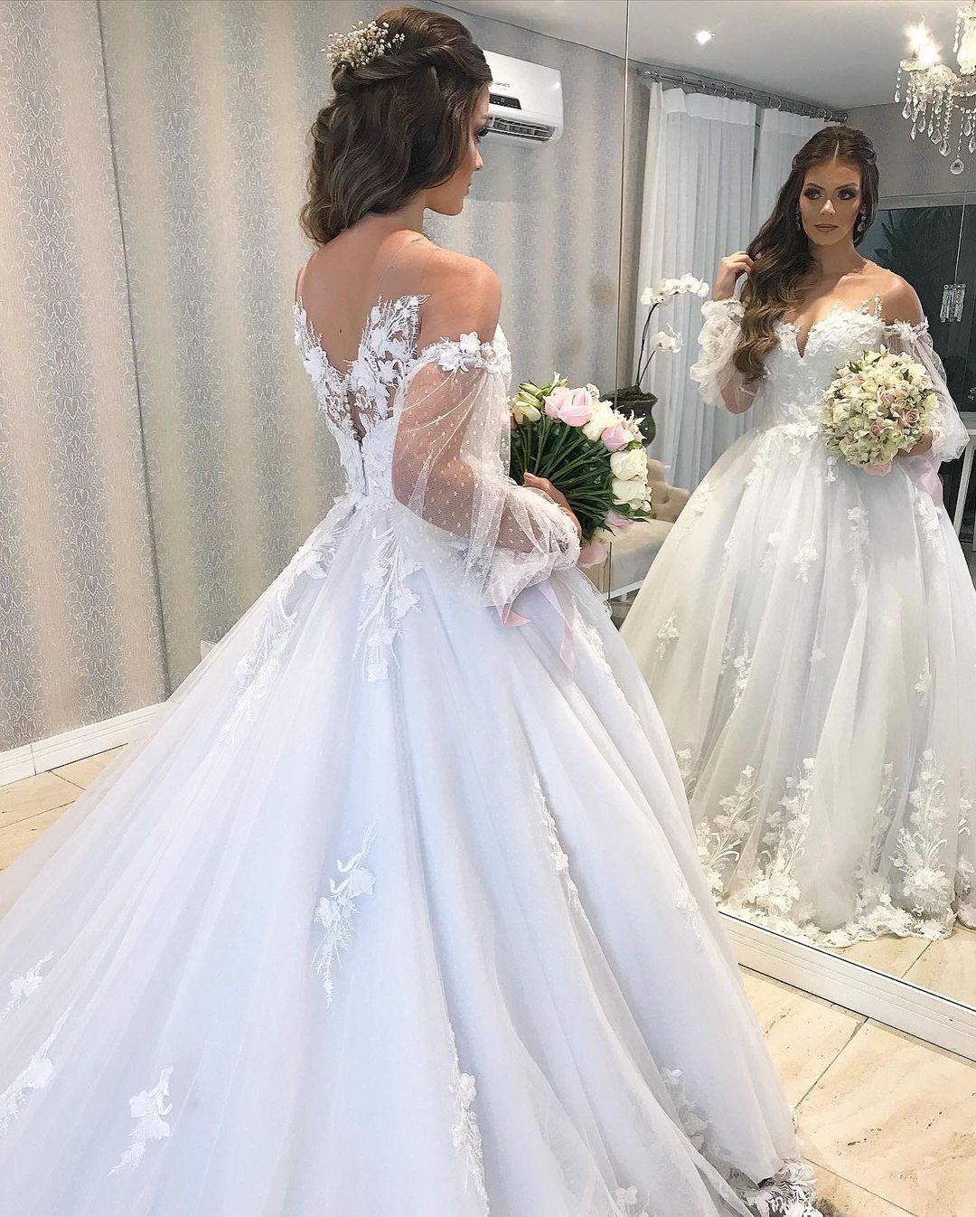 Elegant Long Princess Wedding Dress With Tulle Bubble Sleeves