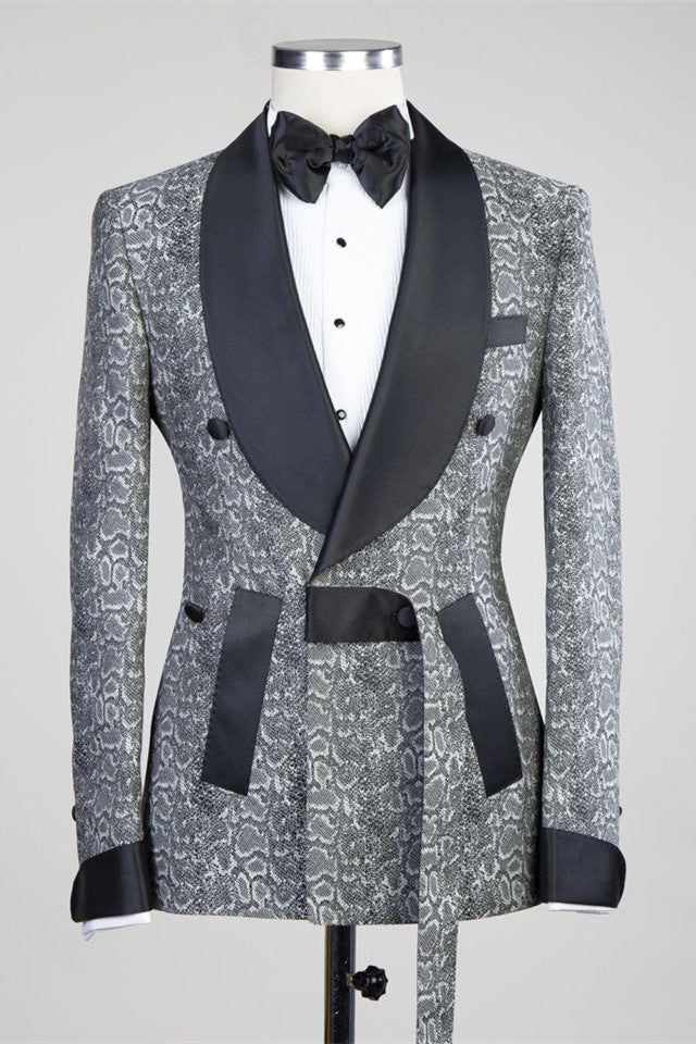 Khalil Gray Double Breasted Wedding Suit with Black Lapel