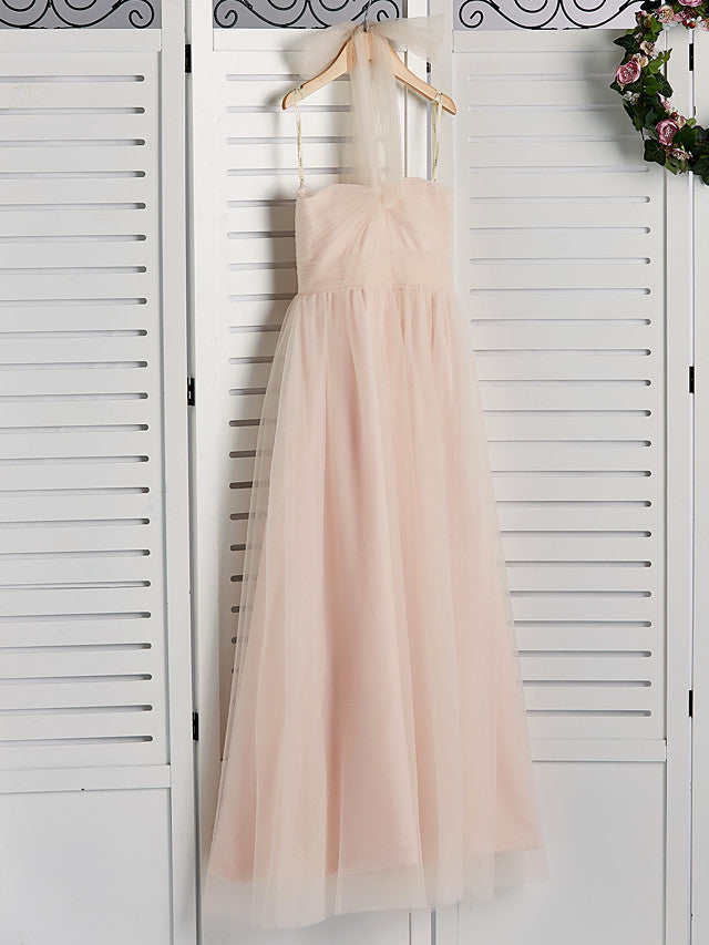 A-Line Halter Neck Floor Length Tulle Junior Bridesmaid Dress with Ruching