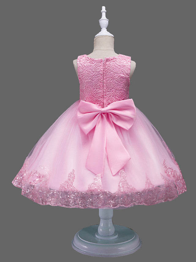 Princess Midi Lace/Tulle Jewel Neck Dress for Wedding/Birthday with Petal/Lace/Embroidery