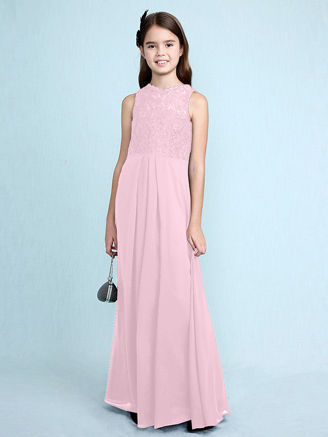 Sheath Column Scoop Neck Floor Length Chiffon & Lace Junior Bridesmaid Dress
