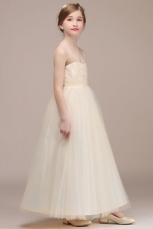 Princess Sheer Straps Sleeveless Flower Girl Dress with Lace and Tulle