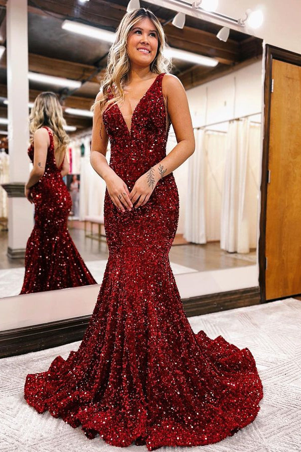 Black V-Neck Sequined Mermaid Evening Dress For Party Online