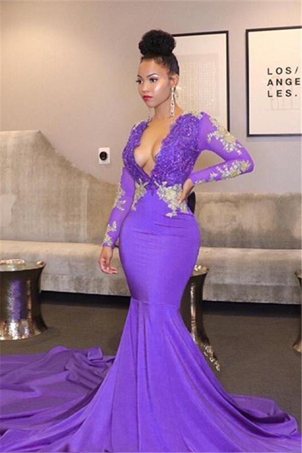 Mermaid Long Sleeve V-Neck Prom Dress with Lace Appliques
