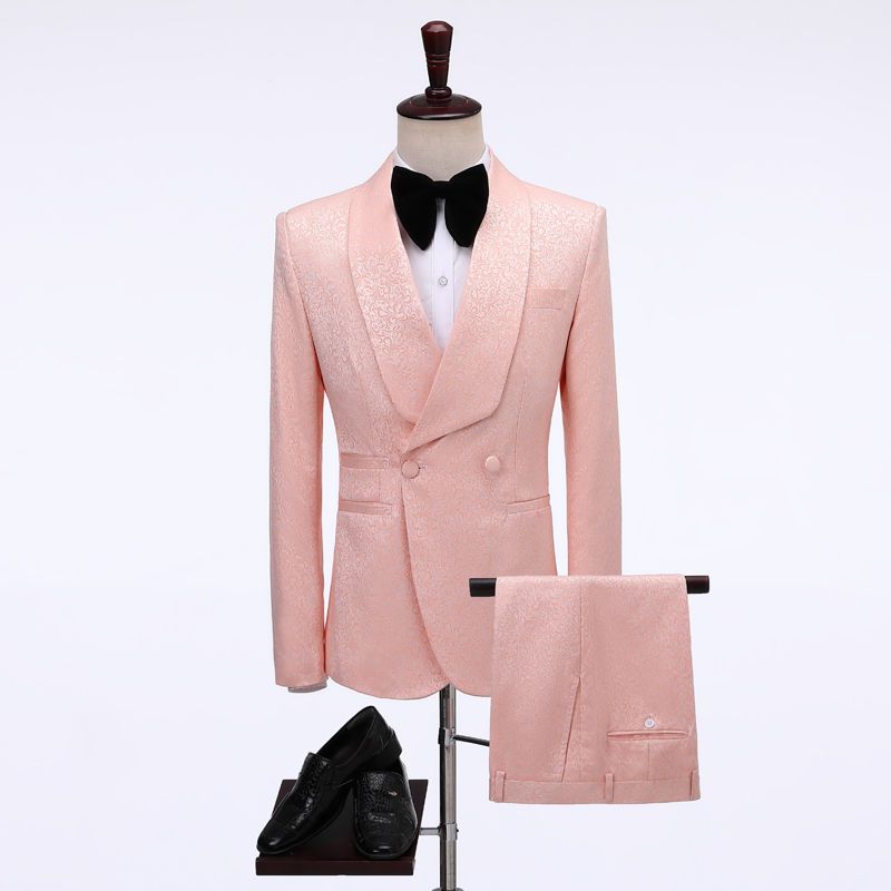 Pink Jacquard Shawl Lapel Wedding Suit With Double Breasted