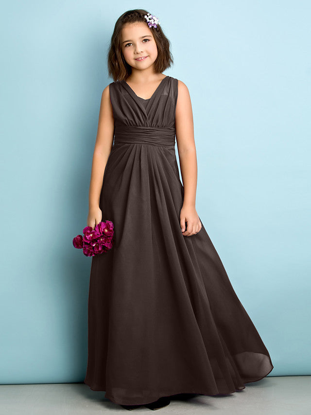 A-Line V Neck Chiffon Flower Girl Dress - Floor Length With Criss Cross Natural Mini Me