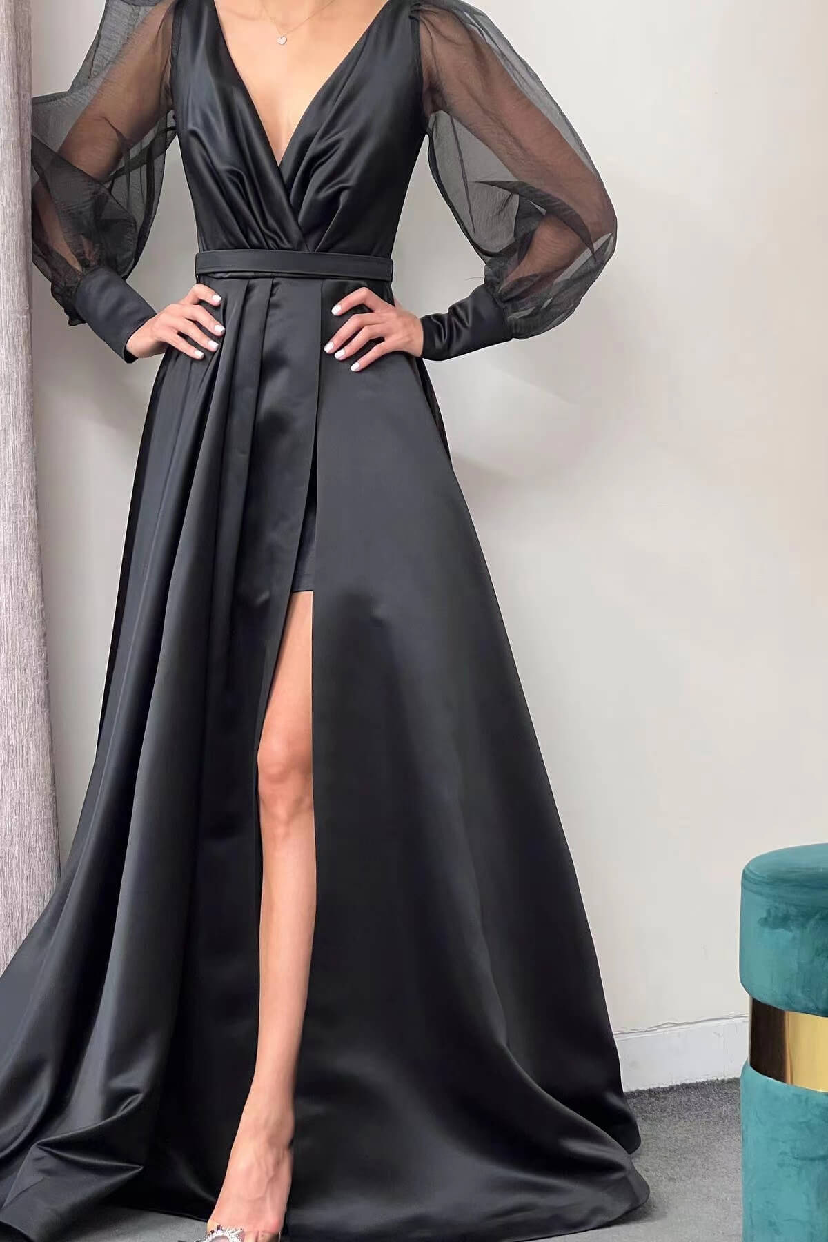A-Line Long Puff Sleeves Slit Evening Dress