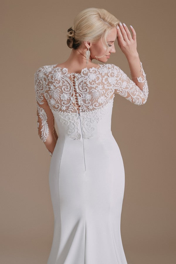 Elegant Jewel Satin Lace Long Mermaid Wedding Dress With Sleeves