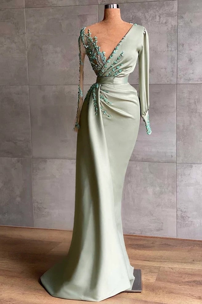 Elegant Sage Mermaid Evening Dress With Long Sleeves Appliques