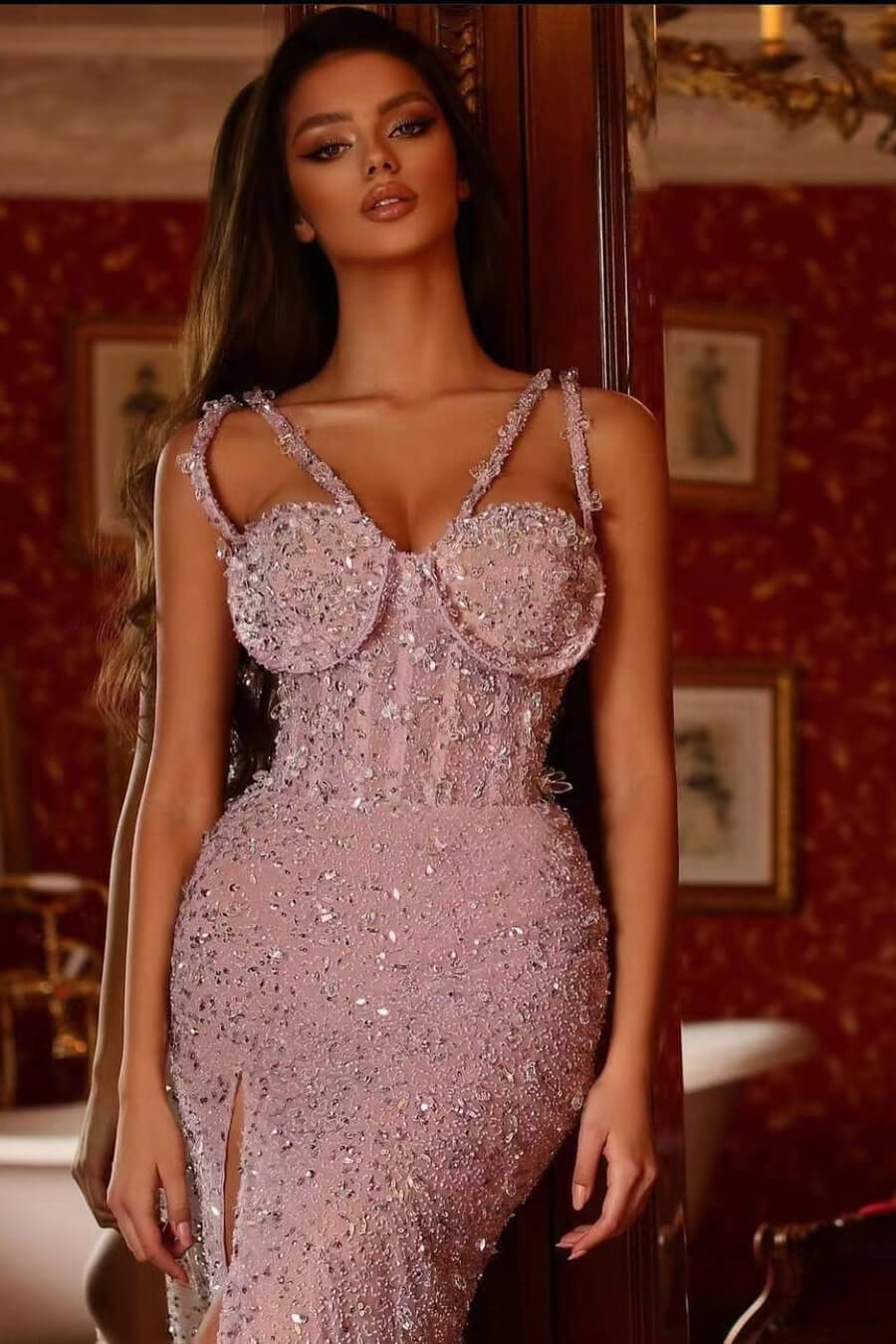 Gorgeous Split Mermaid Prom Dress with Pink Purple Beadings and V Neck