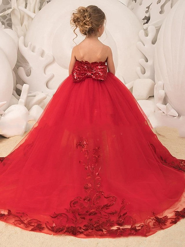 Elegant Lace Tulle Ball Gown with Sleeveless Illusion Neck and Bow Tier Paillette for Flower Girls