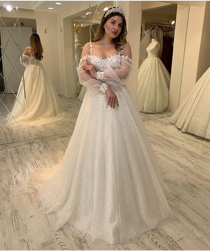 Gliiter Sweetheart Spaghetti-Straps Long Wedding Dress With Sleeves