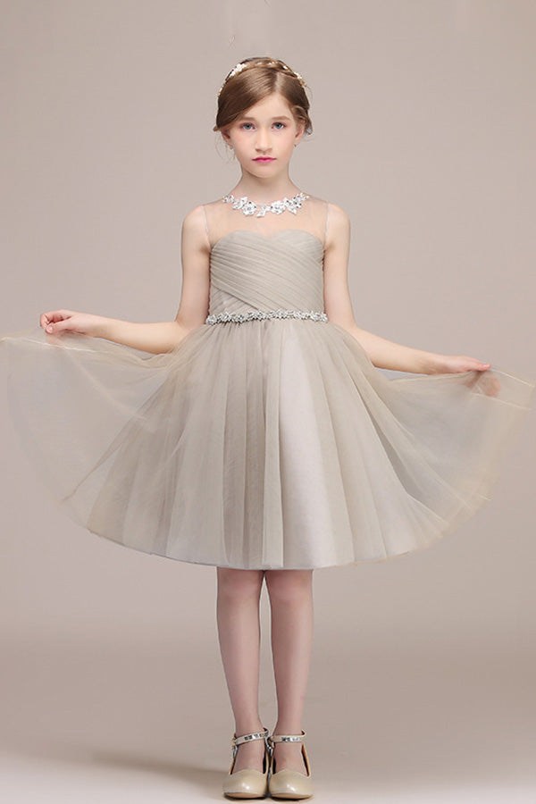 Tulle Flower Girl Dress with Beadings for Illussion Neck Sleeveless