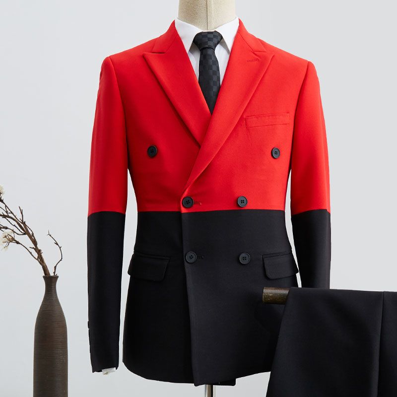 Glamorous Double Breasted Suit for Men with Black & Red Stitching & Peaked Lapel