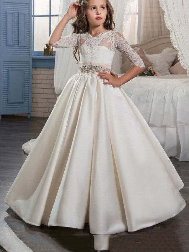 Half Sleeve A-Line Floor Length Jewel Flower Girl Dresses with Buttons